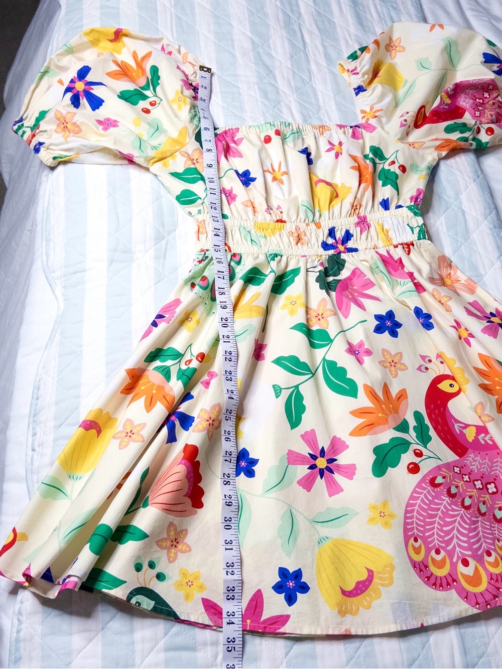Sincerely Ours Puff Sleeve Resort Mini Dress Tropical Peacock Floral Large - Picture 15 of 15
